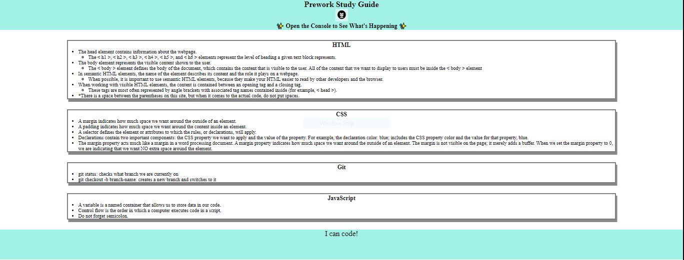 Picture of my first web application. The web application is a study guide that I created while completing the prework for the bootcamp. It is a simple webpage with a blue header and footer. A small picture of a cat in a bowtie. And then a study guide going over what I had learned through the bootcamp.